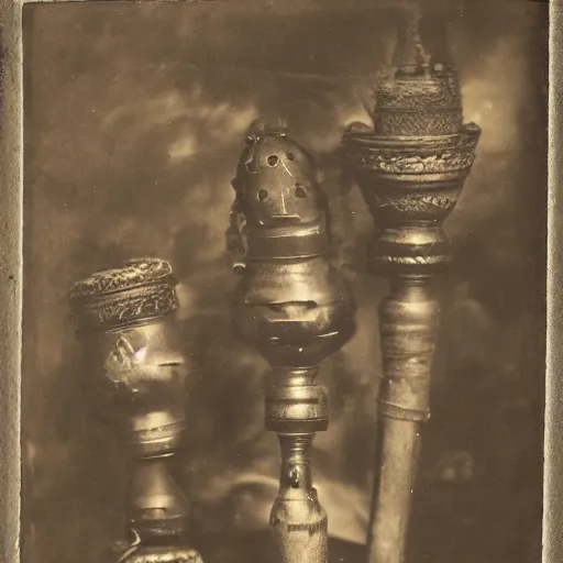 Image similar to Tintype photography of exotic objects, magic objects, ethnographic museum, indigenous, salvaje, nature and culture, 1920s studio lighting.