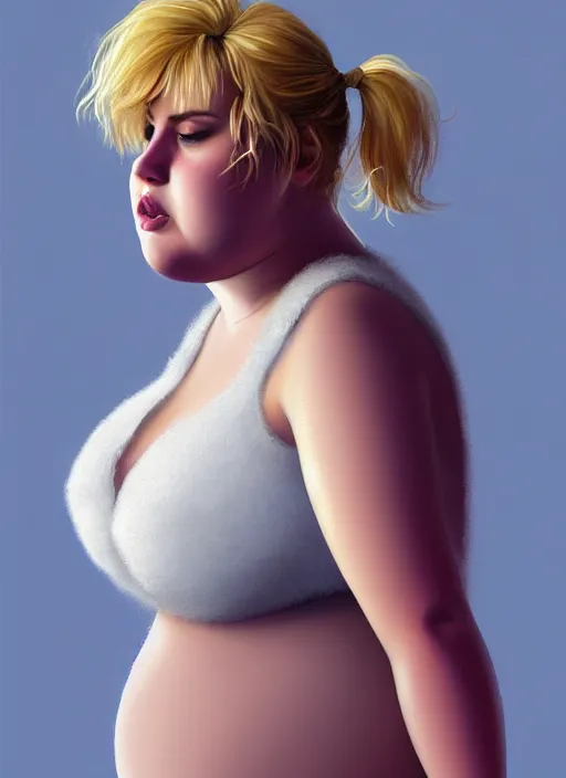 Image similar to full body portrait, teenage betty cooper, blonde hair, obese, bangs, ponytail, sultry, realistic, sultry smirk, fluffy bangs, curly bangs, fat, belly, beautiful girl, intricate, elegant, highly detailed, digital painting, artstation, concept art, smooth, sharp focus, illustration, art by wlop, mars ravelo and greg rutkowski