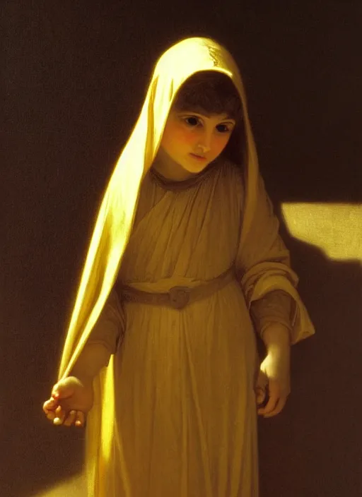 Prompt: shadows in the dark lurking on a lost little girl wearing a gold cloak, backlight, creepy, extremely realistic and highly detailed painting by william - adolphe bouguereau and caravaggio, soft light, gold ratio