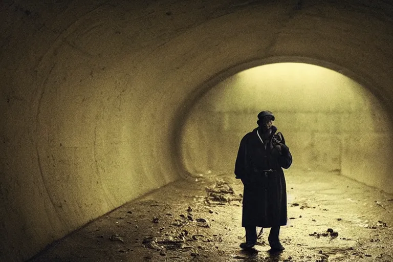 Prompt: a cinematic!! headshot photograph!! of a beautiful homeless war veteran, stood in a tunnel, rain, dirt, film still, cinematic lighting, by bill henson