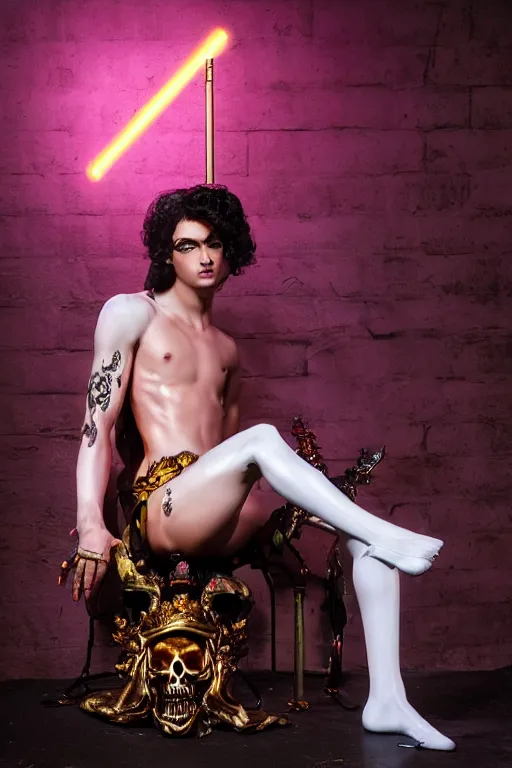 Prompt: full-body rococo and cyberpunk style neon statue of a young attractive (slender muscular Portugues macho bem dotado) e rico android ((sim roupa)) reclining (con pernas aberta e piroca dura) leite, glowing (((white laser))) eyes, prince crown of black skulls, ruby, swirling gold-colored silk fabric. futuristic elements. full-length view. space robots. human skulls. intricate artwork by caravaggio. Trending on artstation, octane render, cinematic lighting from the right, hyper realism, octane render, 8k, depth of field, 3D