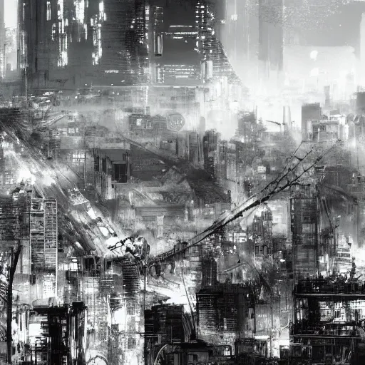 Prompt: concept art of tokyo city taken from drone by yoji shinkawa and ashley wood and j. m. w. turner, speed painting, photo bash, cinematic angle, super detailing, monochrome