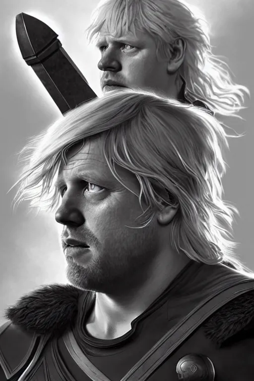 Image similar to Boris Johnson as Thor, Boris Johnson hairstyle, masculine figure, highly detailed, digital painting, artstation, concept art, smooth, sharp focus, illustration, cinematic lighting, art by artgerm and greg rutkowski and alphonse mucha