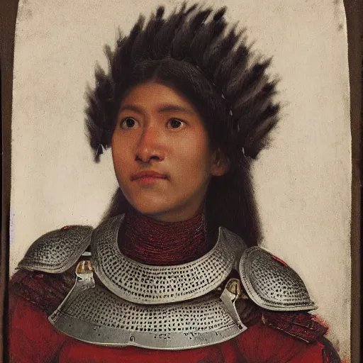 Prompt: head and shoulders portrait of a female knight, quechua!, lorica segmentata, cuirass, tonalist, symbolist, realistic, ambrotype, baroque, gorget, detailed, modeled lighting, vignetting, indigo and venetian red, angular, smiling, heron