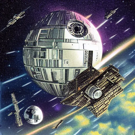 Prompt: The attack run on the Death Star in the style of Thomas Kinkade