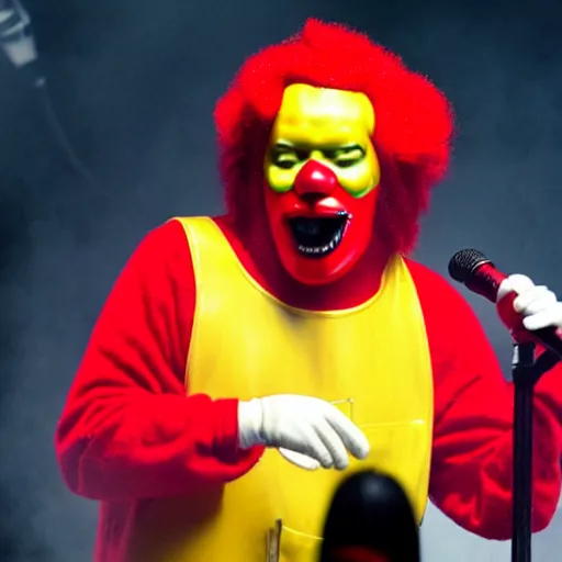 Image similar to ronald mcdonald performing with slipknot