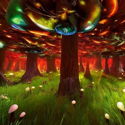 Image similar to a forest of magic mushrooms, trending on artststion, by unreal engine. hyperdetailed, realistic, psychedelic, night