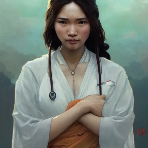 Image similar to A young thai doctor, very detailed face, gorgeous, beautiful, intricate, highly detailed, digital painting, artstation, concept art, sharp focus, illustration, art by greg rutkowski and alphonse mucha