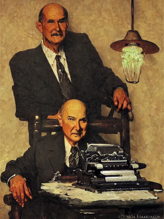 Prompt: portrait of robert a heinlein sitting at a typewriter, in a style blend of norman rockwell and frederick remington and mort kunstler, oil painting, volumetric lighting, intricate details