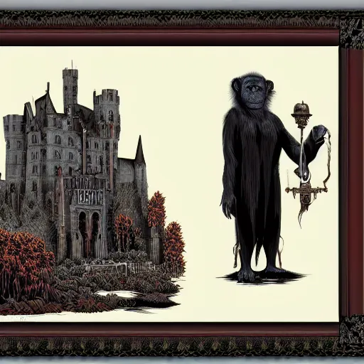 Prompt: gothic, nosferatu somber, hyperdetailed by dan mumford. a computer art that features a chimpanzee surrounded by a castle turret. the chimp is shown wearing a crown & holding a scepter, & the castle is adorned with banners.