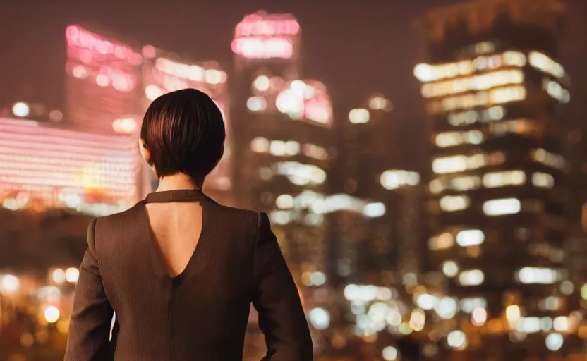 Image similar to a wide shot of a woman with a wool suit, short hair, blurred face, wearing an omega speedmaster on her wrist in front of a crowded dystopian city at night with cyberpunk lights