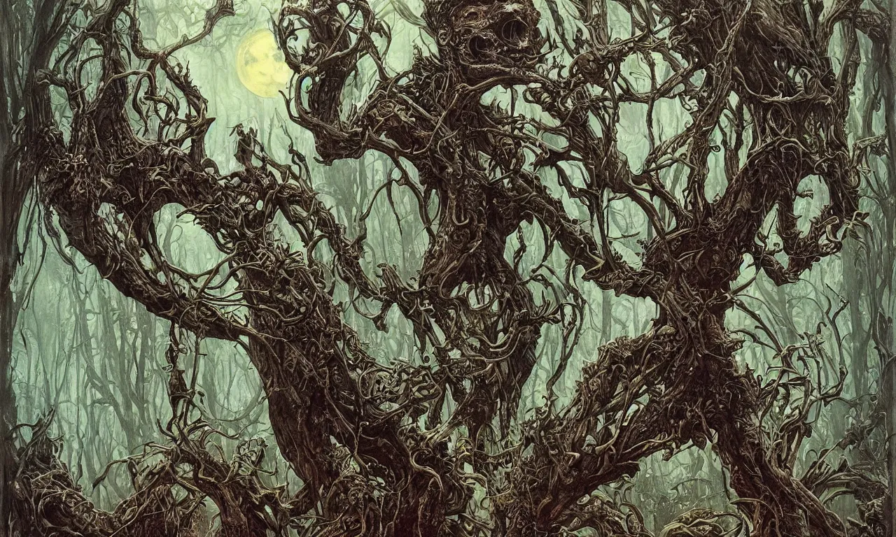 Prompt: hyperdetailed art nouveau portrait of treebeard as a chimera eyeball skull dragon monster, by micheal whelan, simon bisley and bill sienkiewicz, grim yet sparkling atmosphere, photorealism, claws, ribcage, fangs, forest, wild, crazy, scary, horror, lynn varley, lovern kindzierski, steve oliff