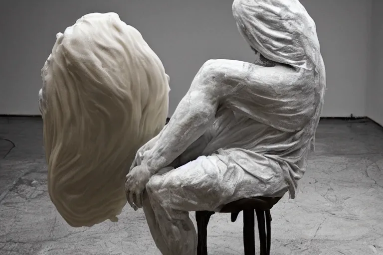 Image similar to a sculpture of a person sitting on a chair, a white marble sculpture covered with floating wax by nicola samori, behance, neo - expressionism, marble sculpture, apocalypse art, made of mist