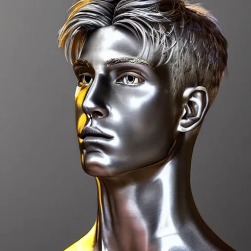 Image similar to “a realistic detailed photo of a guy who is an attractive humanoid who is half robot and half humanoid, who is a male android, twitch streamer Ninja Tyler Blevins, shiny skin, posing like a statue, blank stare, living room, display”