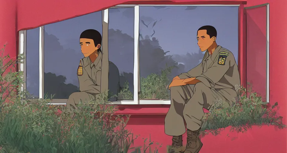 Image similar to a cozy military barack with an overgrown window, studio Ghibli style, golden hour