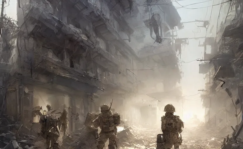 Image similar to American soldiers entering a ruined apartment, post-apocalyptic vibe, digital art made by Stanley Artgerm Lau, WLOP, Rossdraws, James Jean, Andrei Riabovitchev, Marc Simonetti, Yoshitaka Amano, ArtStation, CGSociety