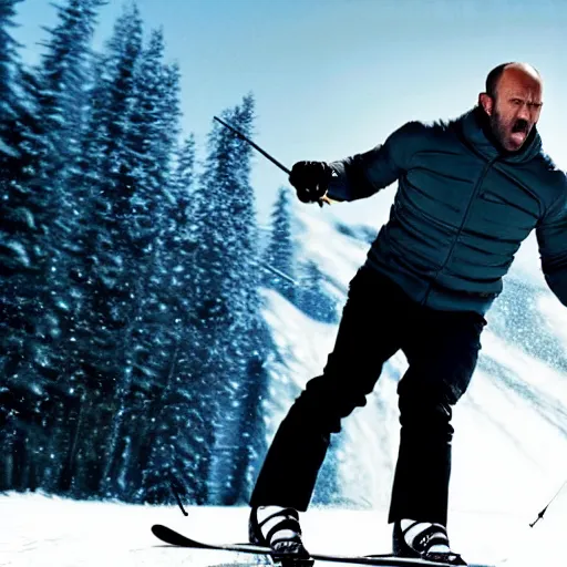 Image similar to jason statham skiing, angry, full body shot, cinematic lighting, studio quality