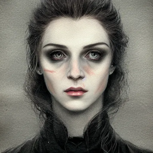 Image similar to a vampire priest character portrait, lean face, cinematic lighting, glowing grey eyes, hyper-detailed, 4k, high resolution, in the style of Charlie Bowater, Tom Bagshaw, single face, symmetrical, headshot photograph, insanely detailed and intricate, beautiful, elegant, watercolor, cinematic, portrait, Raphaelite, headroom, Pierre-Auguste Renoir