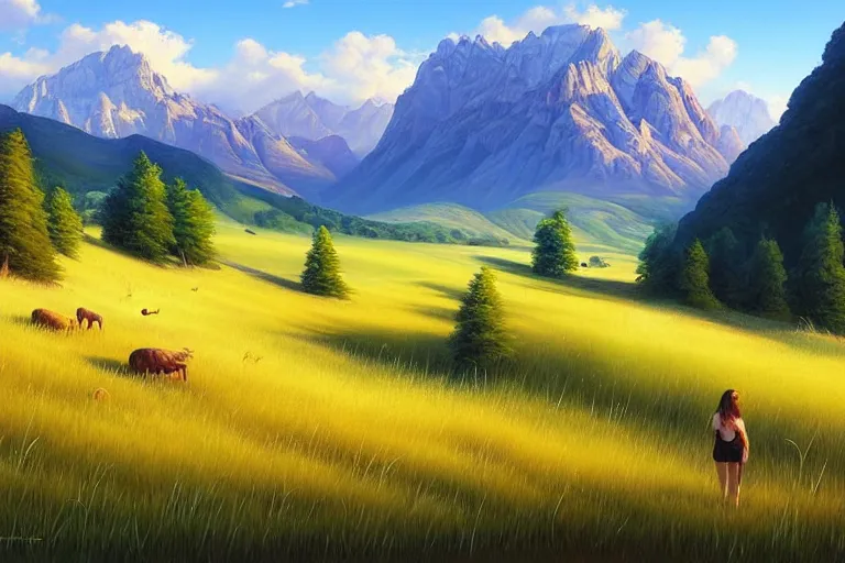 Image similar to landscape painting of meadows with mountainrange in background, nature, summer, fine details, magali villeneuve, artgerm, rutkowski