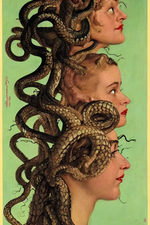 Image similar to head and shoulders portrait of fierce woman as medusa with snakes growing out of her head, norman rockwell, jacob collins, tom lovell, frank schoonover