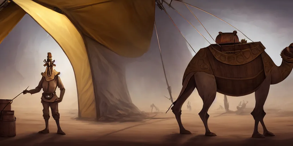 Prompt: a camel - like anthropomorphic merchant trader in a tent, chrome mechas, matte oil painting, retrofuturistic, concept art, science fantasy, mutant, lgbt, queer, rpg, epic, rusted, white salt, badlands, jungles, dungeons & dragons, sacred, sharp focus, award - winning, extremely detailed, 4 k, 8 k