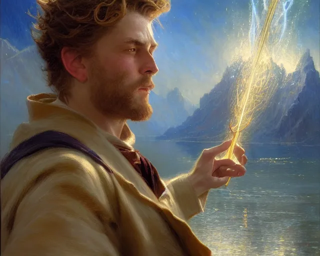 Image similar to attractive male wizard casting powerful tsunami wave spell in a beautiful lake. highly detailed painting by gaston bussiere, craig mullins, j. c. leyendecker 8 k