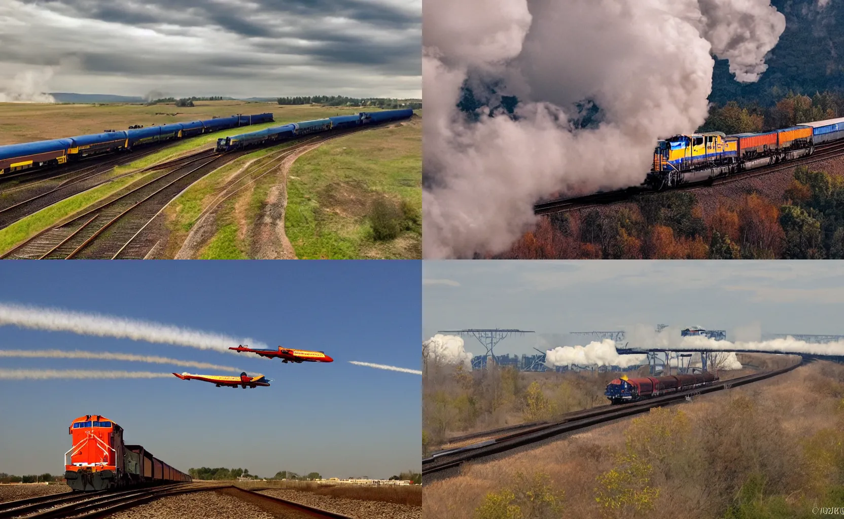 Prompt: A freight train flying through the sky with magical jet turbines