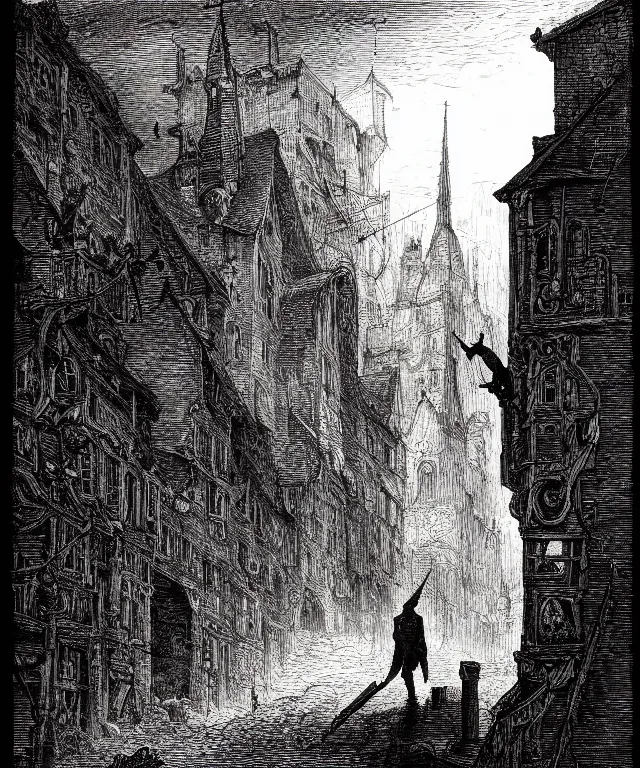 Prompt: a black and white illustration of a silhouetted man walking into the streets of mordheim, the city of the damned by ian miller, gustave dore, john blanche, albrecht durer, gustave dore, highly detailed, storybook illustration, ink on paper