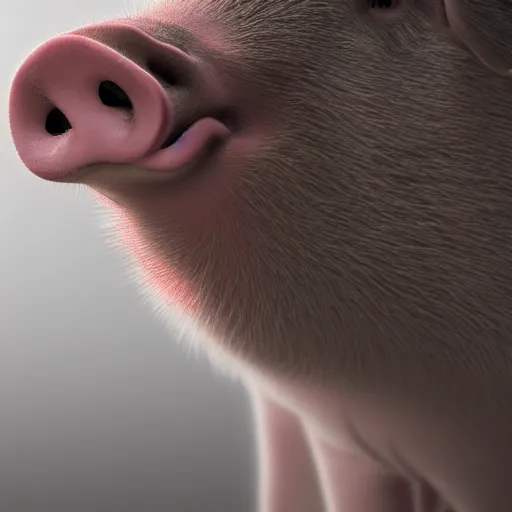 Image similar to photorealistic closeup portrait of pig, art photography, horror, sigma 5 0 mm, f 1. 8, insane details, hyper realistic, 8 k, full figure poster, volumetric lighting, very detailed face, 4 k, award winning