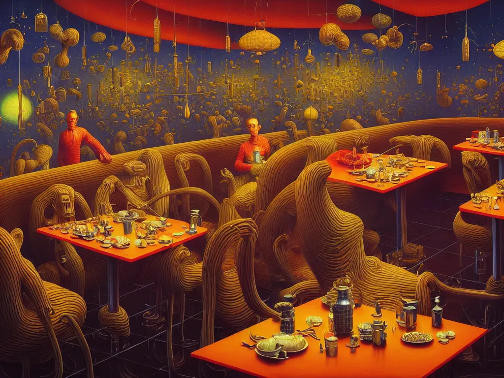 Image similar to hyper detailed 3d render like a Oil painting - diner at the end of the universe by Jacek Yerka, Mariusz Lewandowski, Houdini algorithmic generative render, Abstract brush strokes, Masterpiece, Edward Hopper and James Gilleard, Zdzislaw Beksinski, Mark Ryden, Wolfgang Lettl, hints of Yayoi Kasuma, octane render, 8k