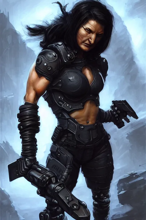 Prompt: gina carano as an ork with cybernetic left arm, casual black clothing, muscular, realistic proportions, casual pose, large portrait, sci - fi, shadowrun, rpg character, digital painting, artstation, concept art, smooth, 8 k frostbite 3 engine, ultra detailed, art by artgerm and greg rutkowski and magali villeneuve