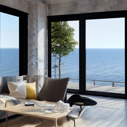 Image similar to minimalist interior design, scandinavia style, living room with window facing the sea and sun, photorealistic, ultra - detailed, 4 k high resolution, hdr shot, unreal engine rendering 4 k