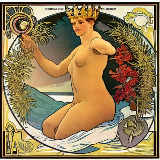 Image similar to a golden crown half berried at the beach : : cellulose : : 1 dusk : : 1 alphonse mucha : : 1