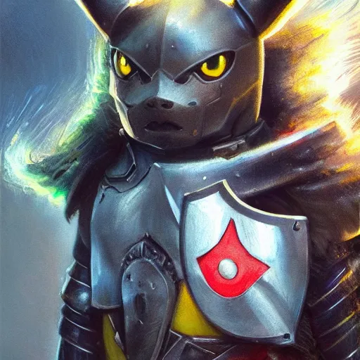 Image similar to pikachu as a realistic fantasy knight, closeup portrait art by donato giancola and greg rutkowski, realistic face, digital art, trending on artstation, symmetry!!, no helmet