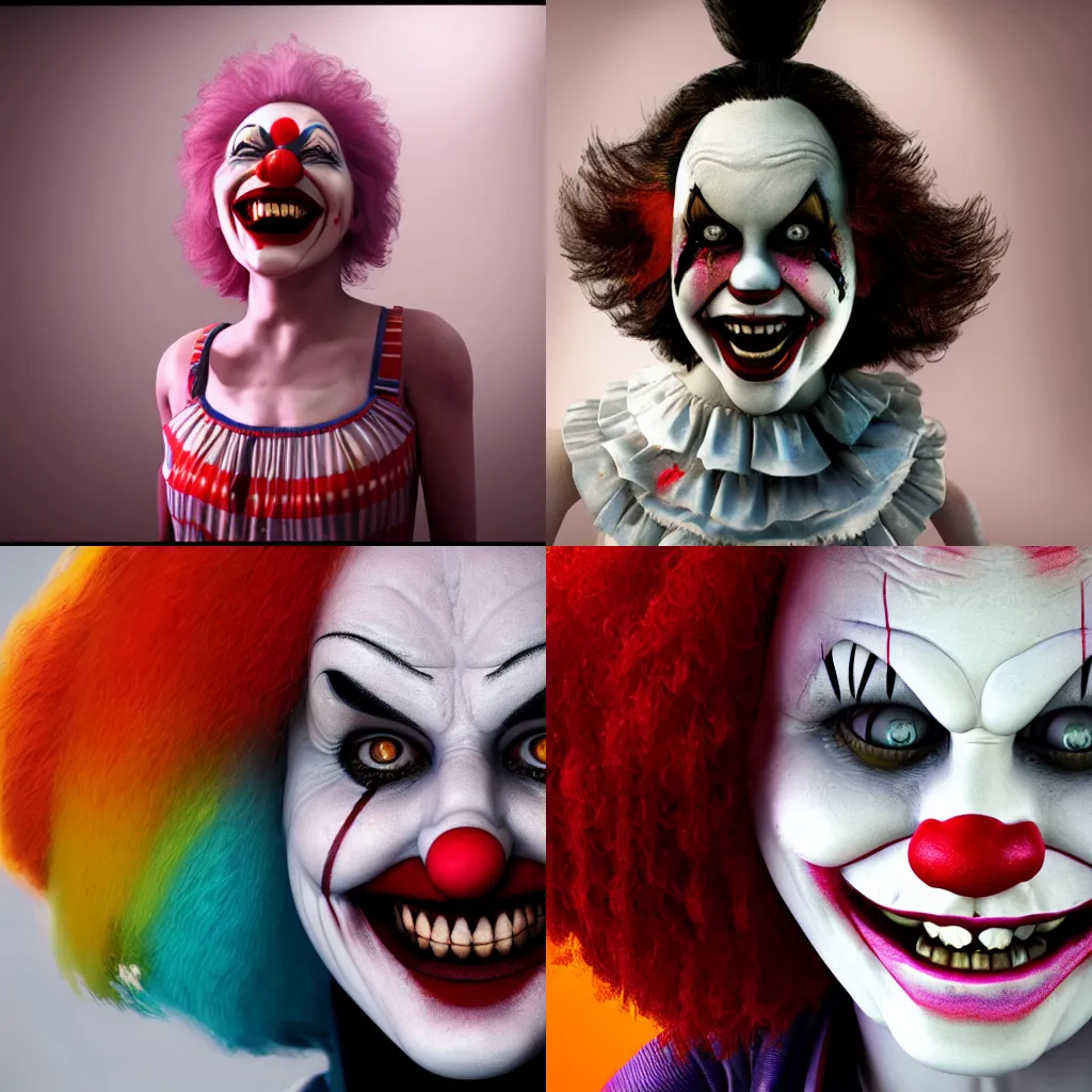 Prompt: horror,female character clown, smiling, octane rendered, 8k,hyperdetailed