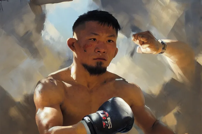 Image similar to greg manchess portrait of a filipino mma fighter defeated on the ground in an arena battle, organic painting, sunny day, matte painting, bold shapes, hard edges, street art, trending on artstation, by huang guangjian, gil elvgren, ruan jia, randy vargas, greg rutkowski