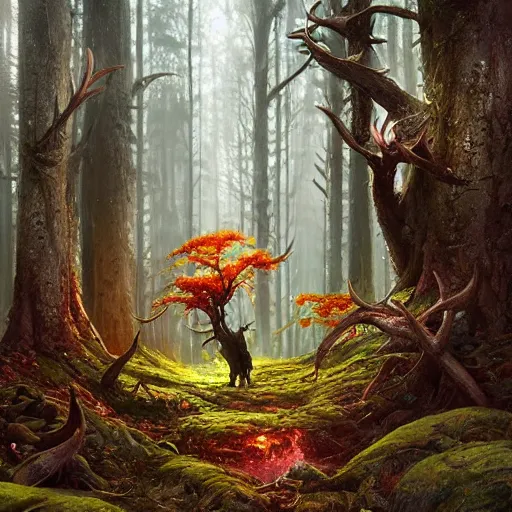 Image similar to highly detailed creepy forest creature with antlers, stephen bliss, unreal engine, fantasy art by greg rutkowski, loish, rhads, ferdinand knab, makoto shinkai and lois van baarle, ilya kuvshinov, rossdraws, tom bagshaw, global illumination, radiant light, detailed and intricate environment