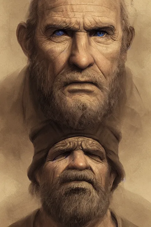 Image similar to portrait, face of a old grumpy sailor, face portrait, raphael lacoste, eddie mendoza, alex ross, concept art, matte painting, highly detailed, rule of thirds, dynamic lighting, cinematic, detailed, denoised, centerd