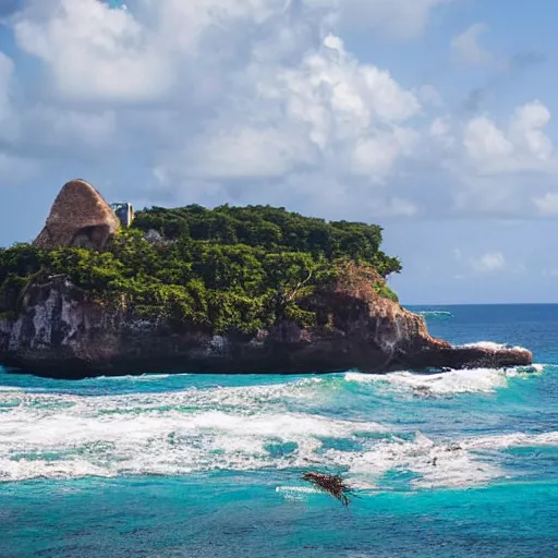 Image similar to photo of a jamaican shoreline cliff with a cave and a spanish galleon in the foreground