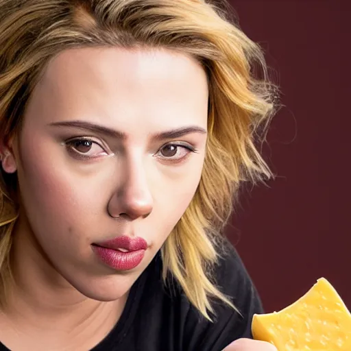 Image similar to beautiful portrait photo of Scarlett Johansson eating velveeta cheese staring sensually at the camera, 85mm