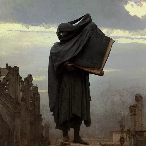 Image similar to half portait of magican wearing a closed cowl holding a big old book!, jeremy mann, jean leon gerome, alphonse mucha, greg rutkowski, hood covers his eyes, ( ( ruins of ancient rome ) ), at dusk, mysterious atmosphere, sunrays, dof, masterpiece, high detailed, 8 k