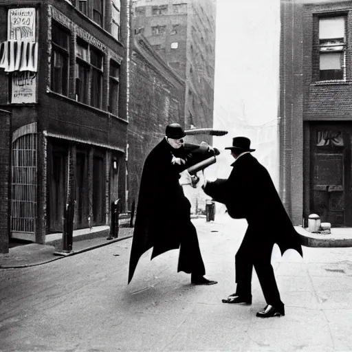 Prompt: old black and white photo, 1 9 2 5, depicting batman fighting a al capone in black tie and suit in an alley of new york city, rule of thirds, historical record