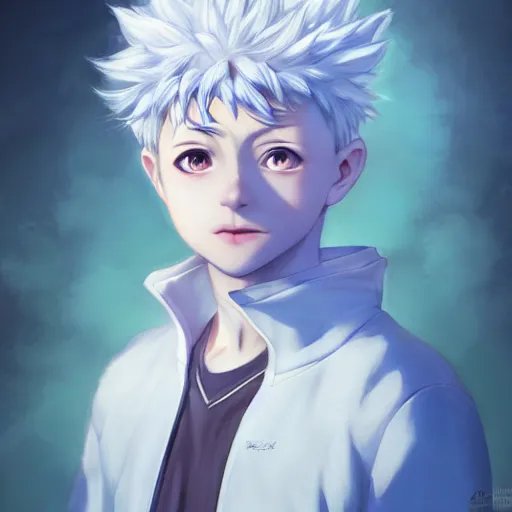 Image similar to realistic portrait of Killua, dramatic lighting, illustration by Rossdraws, professional portfolio, 4k, digital art, concept art, trending on artstation