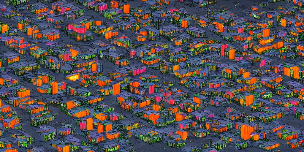 Image similar to isometric colorful 3D rendering of favelas surrounding San Francisco in 2038, Blender 3D, evening, lights on, electric wiring everywhere, shanties made of recycled material and corrugated metal. Panoramic