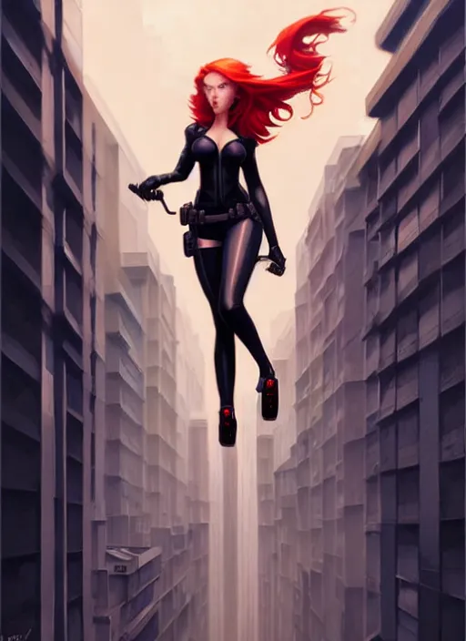 Image similar to peter mohrbacher, phil noto, artgerm, pretty scarlett johansson black widow, symmetrical eyes, long red hair, city rooftop