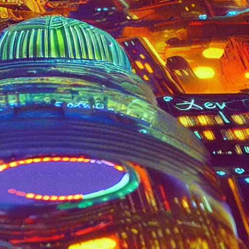 Image similar to 35mm film still blade runner set on Mars in an neon city, domes made of glas by Alex grey