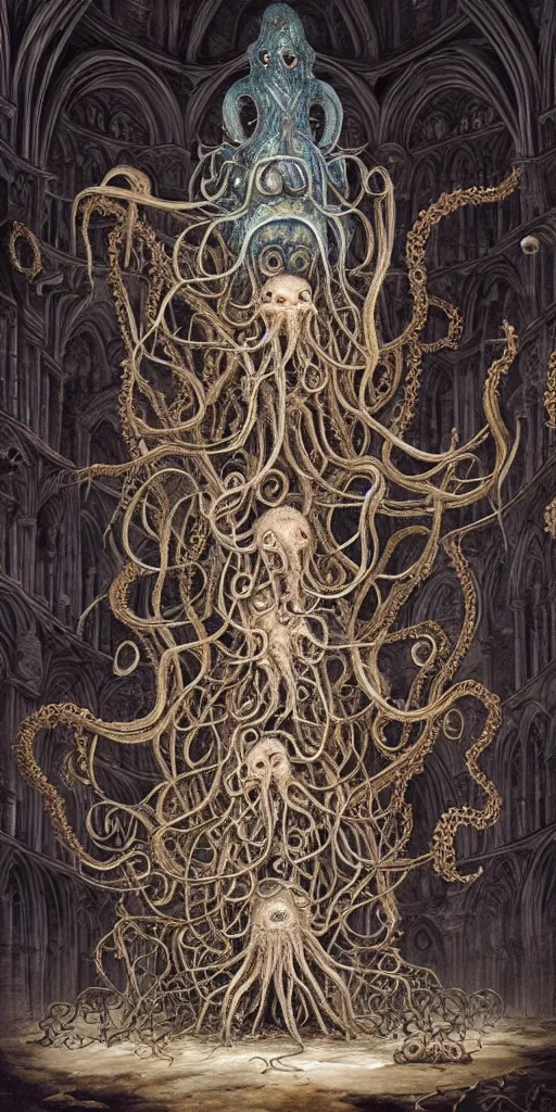 Image similar to group of mankind mages with octopus heads with jellyfish inside an ancient mage castle hall colossal scale, gothic and baroque, brutalist architecture, ultradetailed, Intricate by Ellen Jewett and Josan Gonzalez and Giuseppe Arcimboldo