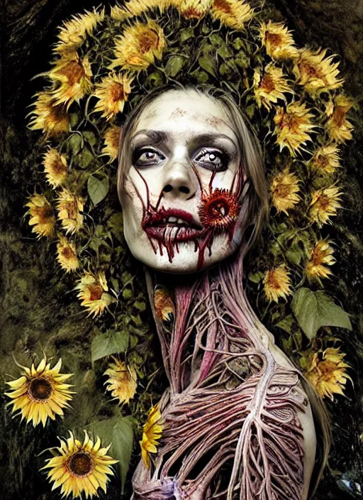 Image similar to beautiful and detailed rotten woman corpse with fractal plants and fractal sunflowers growing around, muscles, veins, arteries, intricate, organs, ornate, surreal, john constable, guy denning, dan hillier