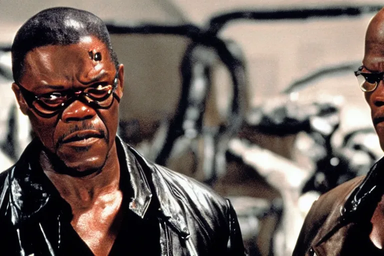 Image similar to Samuel L. Jackson plays Terminator and his endoskeleton is visible, portrait, scene from the film