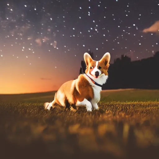 Image similar to corgi attaining [ angelic wings ]!!, [ flying like a superhero ]!! in the [ night sky ]!! where the stars are visibly perceptible, [ realistic photo ]!!, [ 4 k photorealism ]!!, trending on unsplash